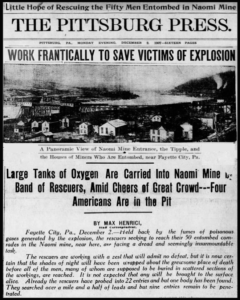 Pittsburgh Press Newspaper article concerning the Naomi Mine Explosion December 2, 1907
