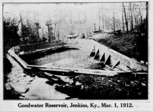 Goodwater Reservoir, Jenkins, Kentucky,  March 1, 1912.  The photograph appeared in the  Mountain Eagle June 6, 1912
