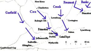 Map of the Civil War Battles are found in the Princeton Court House in Mercer County, Virginia.  