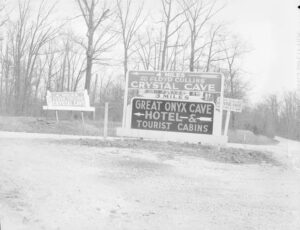 Road signs for Floyd Collins' Crystal Cave and Great Onyx Cave. May 1945.