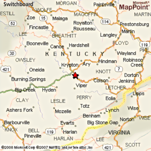 A map showing where Troublesome Creek, Kentucky home of the Fugate Family is located.