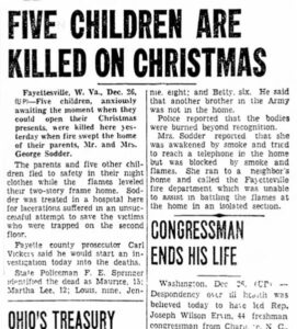 Newspaper article on the Christmas House fire.   Newspaper and date unknown.